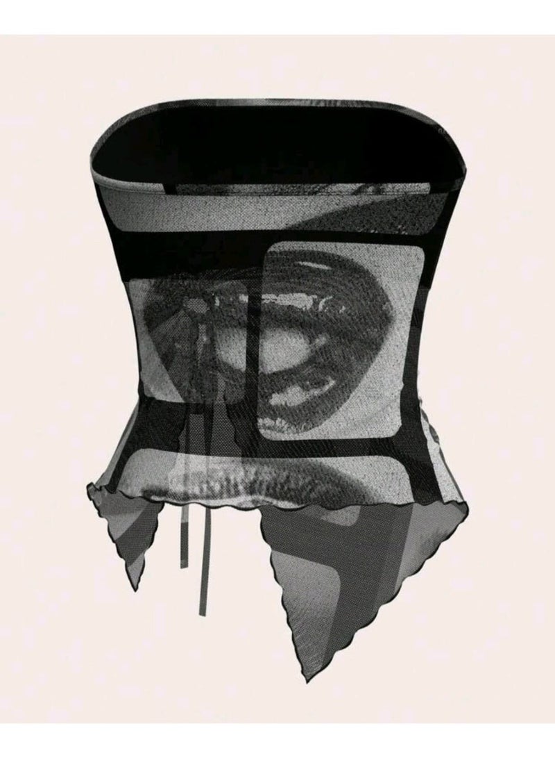 SHEIN ICON Strapless Mesh Eye Print Decorated Floral Trim Casual Vacation Top - Image 4